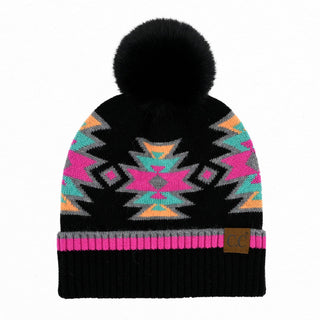 CC South Western Aztec  Pattern Faux Fur Pom Beanie