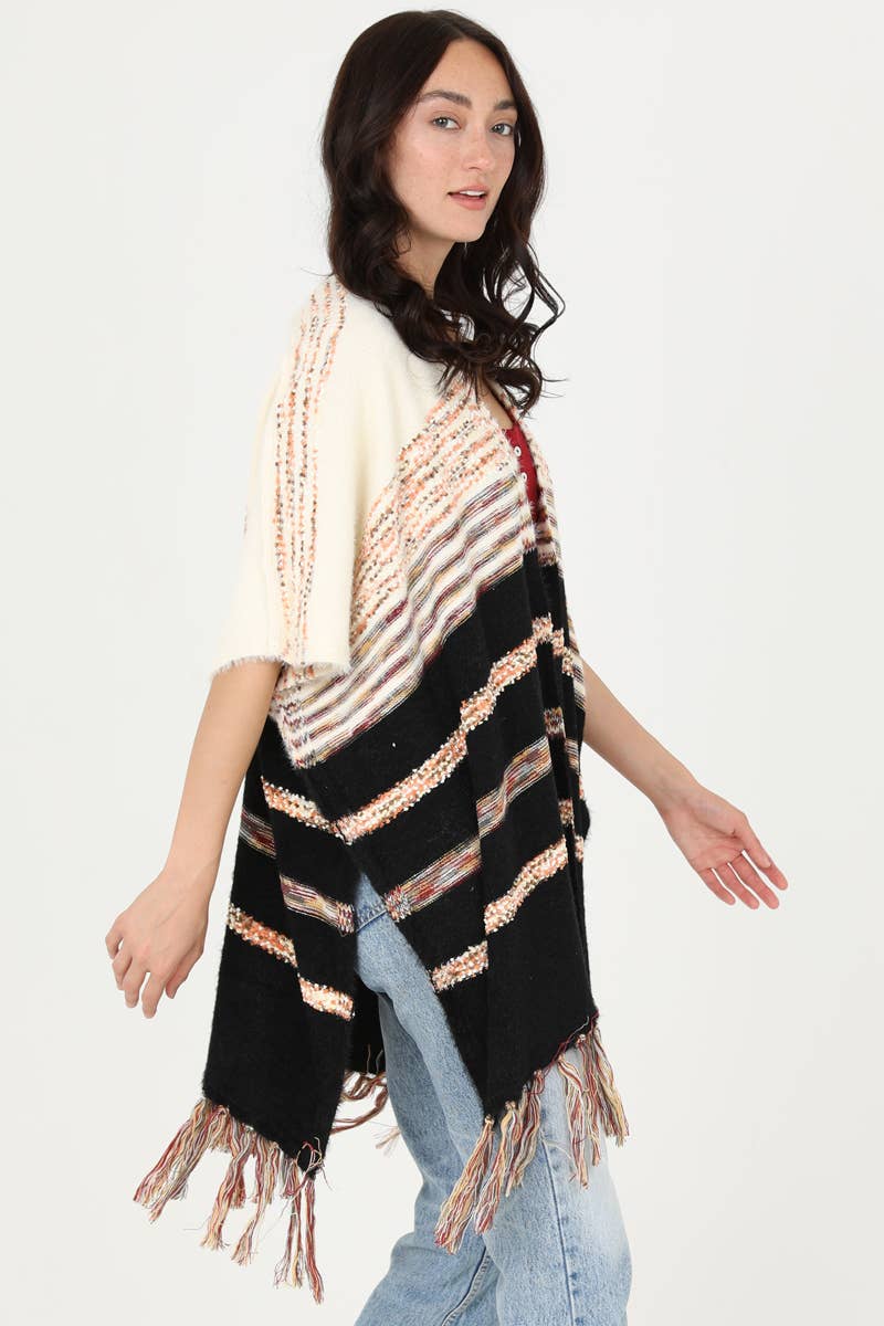 Kimono-ASIS SUPER SOFT KIMONO SLEEVE SWEATER PONCHO WITH FRINGE by Angie