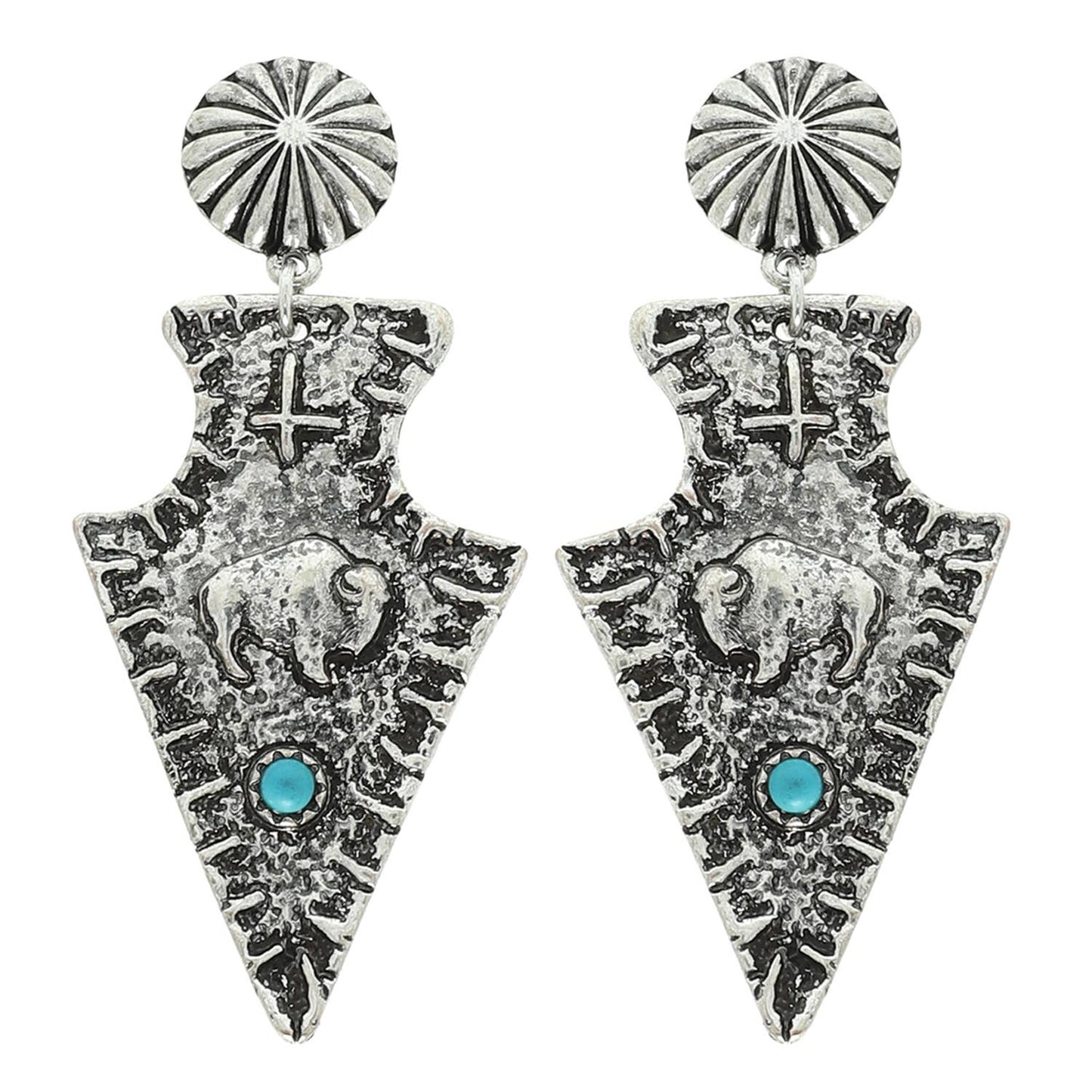 Western Turquoise Hammered Buffalo Spearhead Earrings