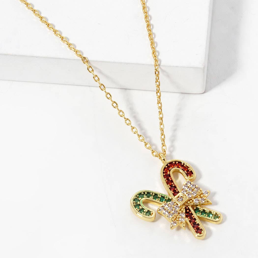 CZ Gold-Dipped Candy Cane Charm Necklace