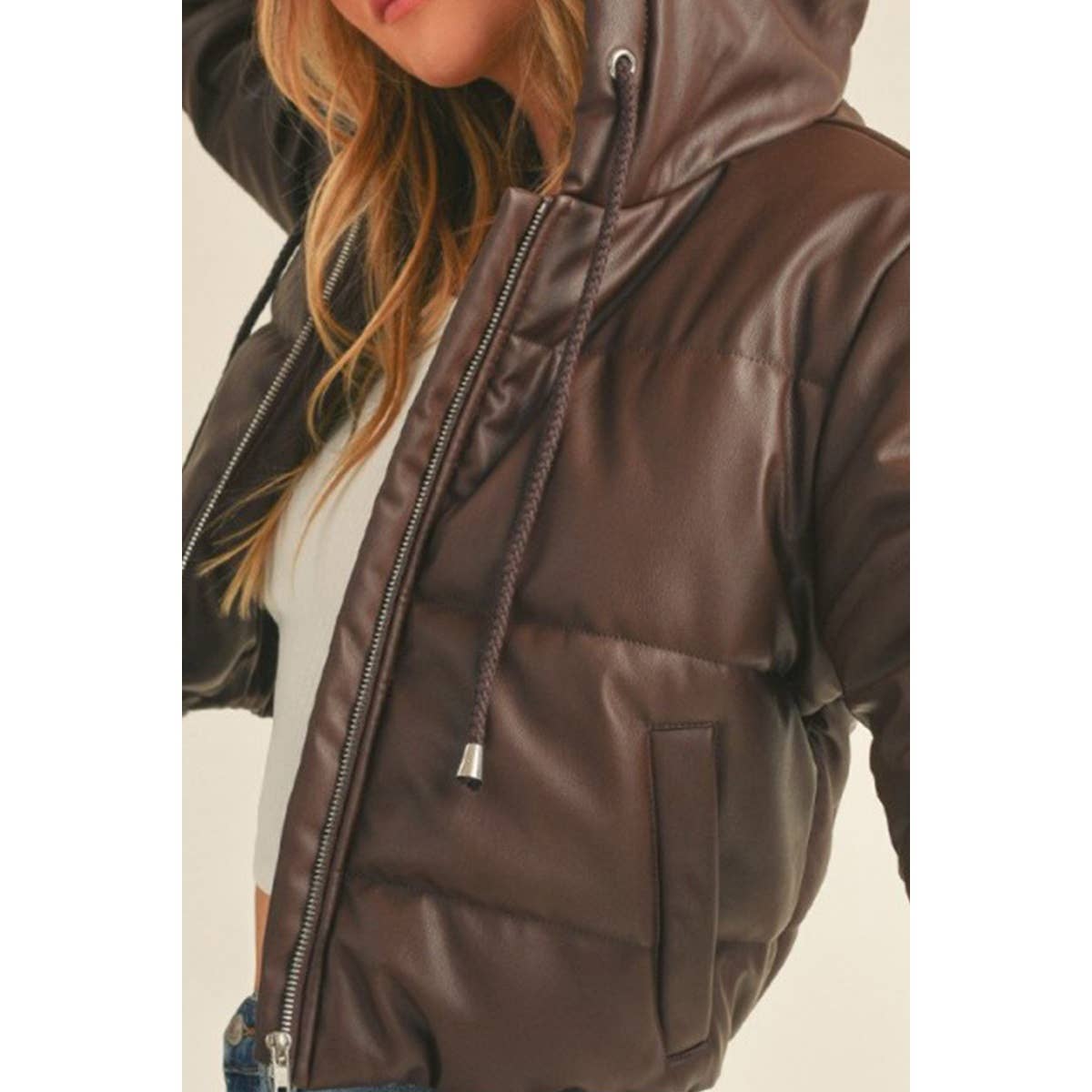 Hooded Faux Leather PU Crop Puffer Jacket