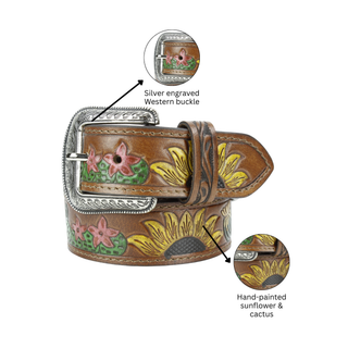Genuine Western Leather Belt w/ Sunflower Cactus Design ABB 21 2523