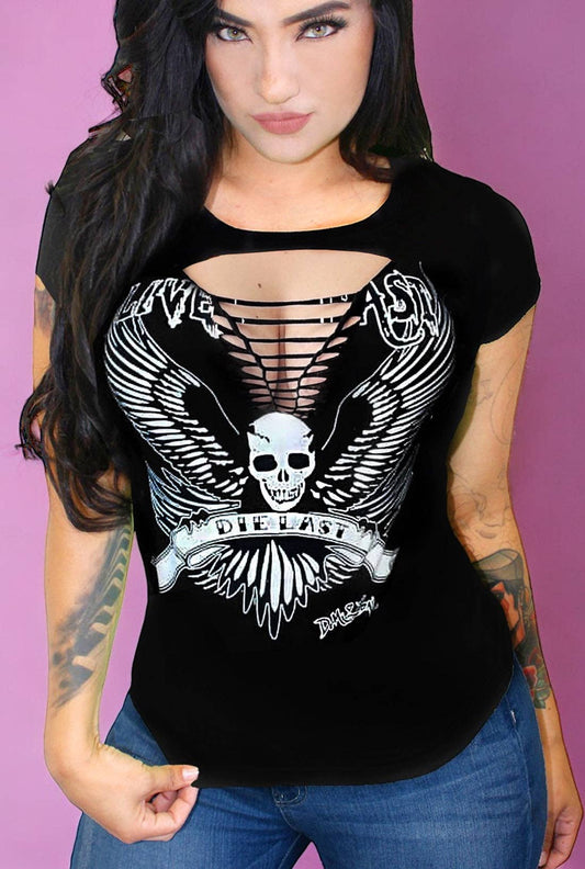 Live Fast Biker Babe Skull Wings Biker Slashed Tee