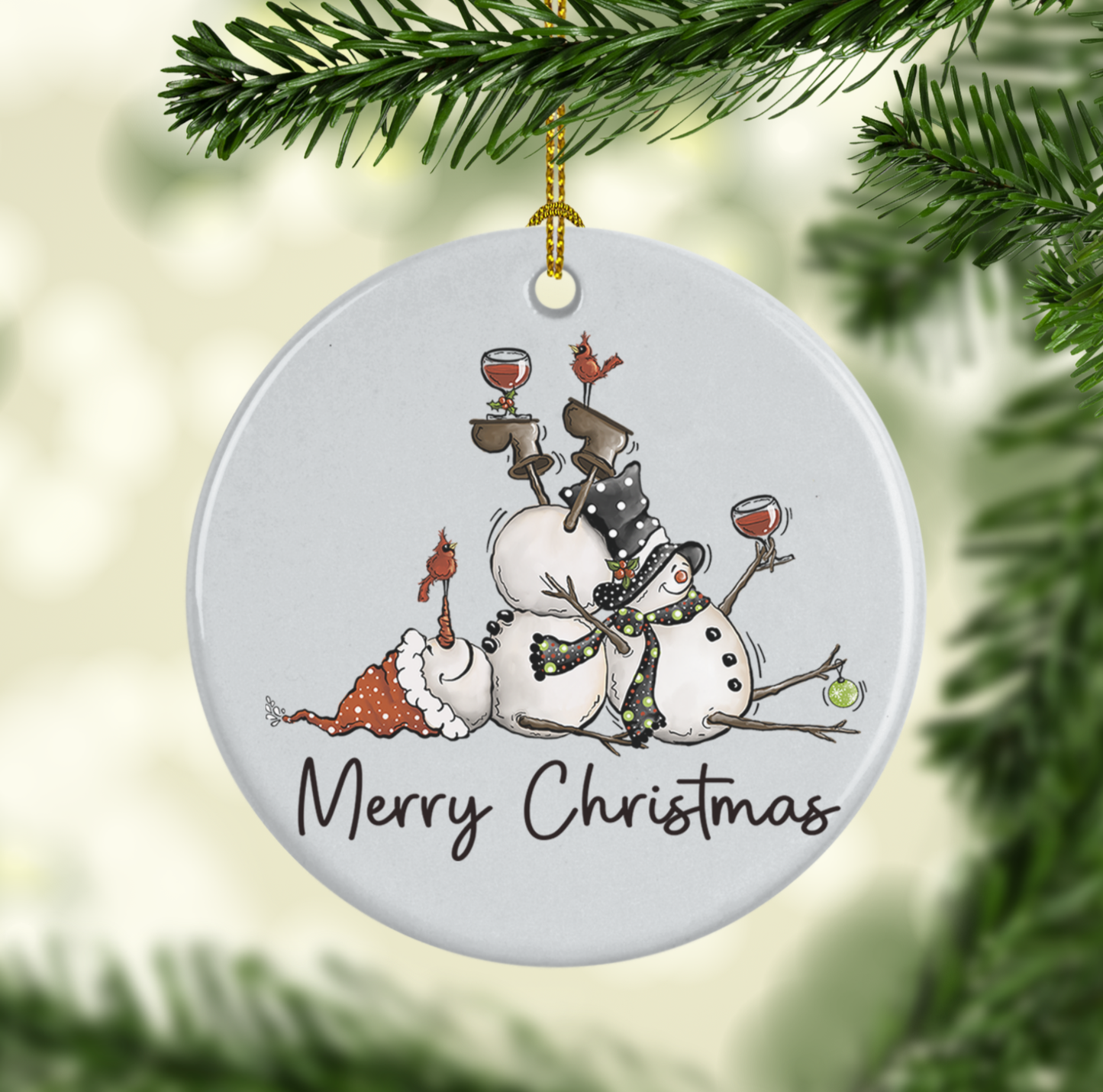 Merry Christmas Snowmen with Wine Ceramic Ornament