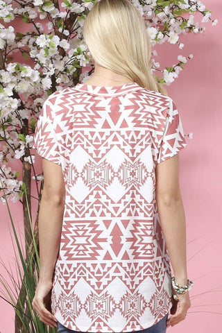 avery WILLA GEO PRINT BUTTON DOWN DETAIL V NECK KNIT TOP