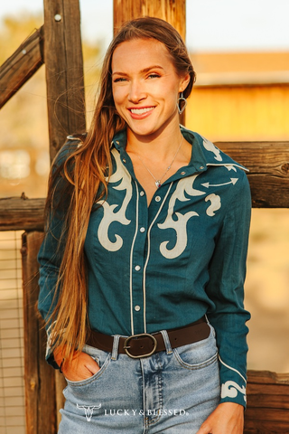 CLEARANCE Teal Ivory Patch Boot Stitch Contrast Piping Shirt