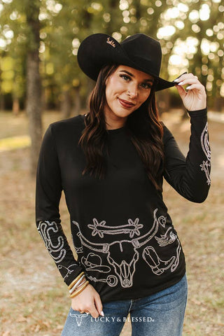 Black Western Rhinestone Pressed Detail Long Sleeve Shirt