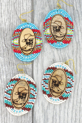Beaded Wood Engraved Cowboy Boots & Hat Dangle Oval Earrings