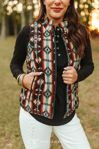Black Multi Aztec Quilted Lined Zip-up Vest