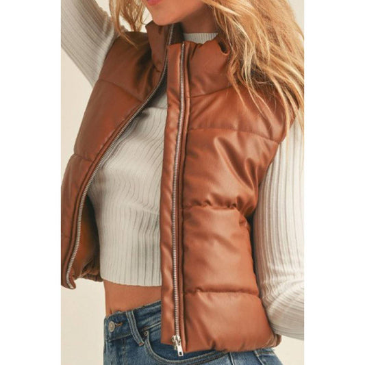 FAUX LEATHER HIGH NECK ZIP UP PUFFER VEST