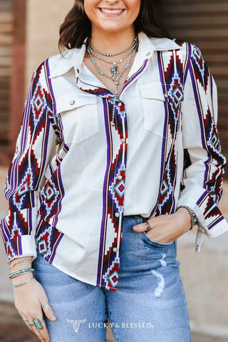 CLEARANCE Ivory Aztec Pearl Snap Buttons Retro 90's Western Top