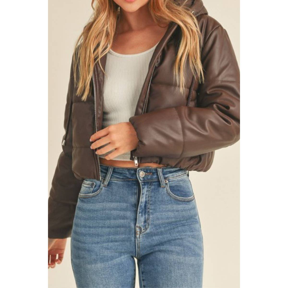 Hooded Faux Leather PU Crop Puffer Jacket