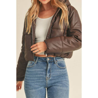 ***CLEARANCE *** Hooded Faux Leather PU Crop Puffer Jacket
