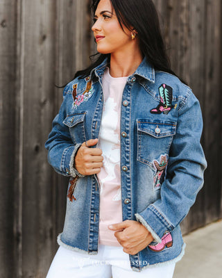 Plus Mid Wash Elevated Western Patch Denim Jacket