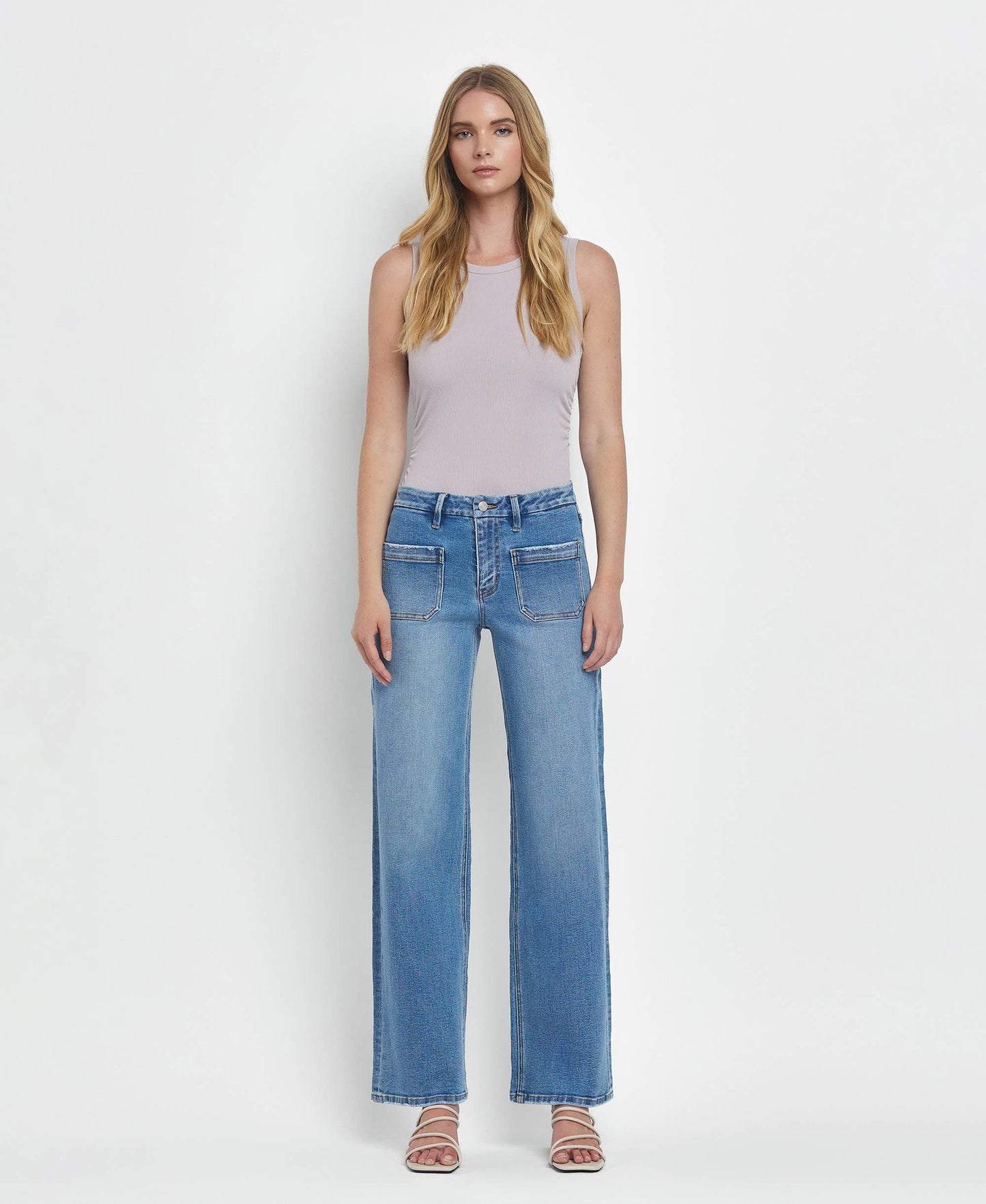 LOVERVET BY VERVET HIGH RISE PATCH POCKET WIDE LEG JEANS LV1479