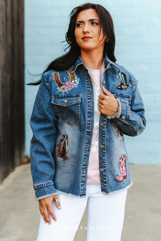 Mid Wash Elevated Western Patch Denim Jacket
