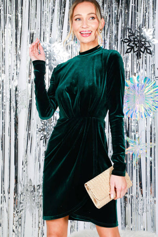 ***CLEARANCE***Mock Neck Wrap-Front Bodycon Velvet Mini Dress VD81997