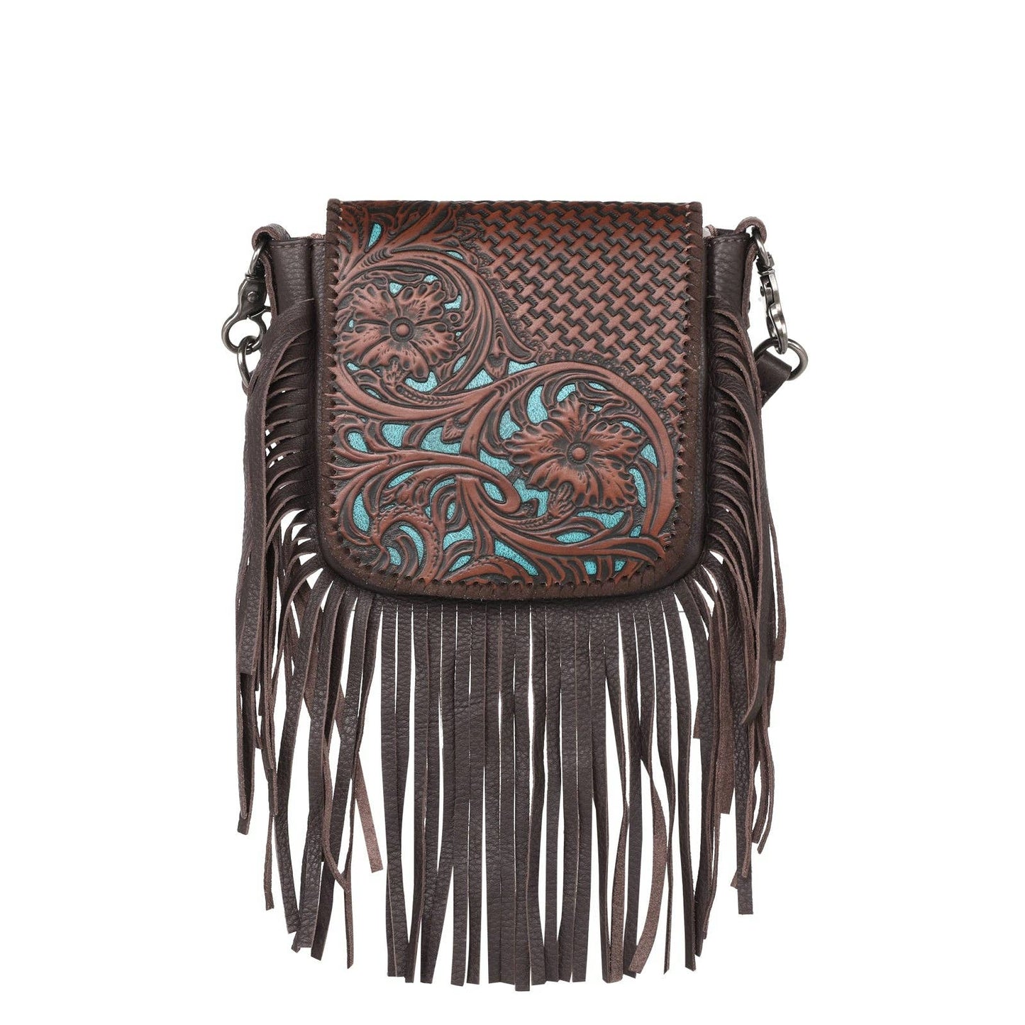 RLC-L162 Montana West Genuine Leather Tooled Collection Fringe Crossbody