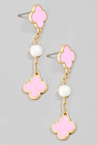 Clover And Fresh Water Pearl Dangle Chain Earrings