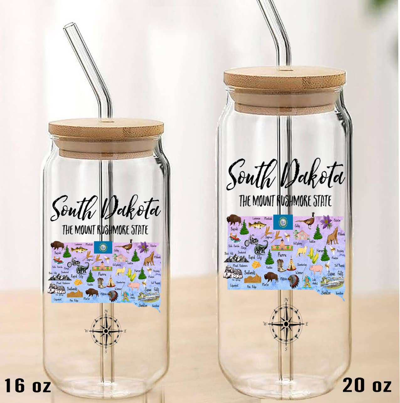 South Dakota State Map Can Glass with Lid and Straw 20 OZ