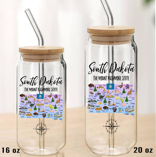South Dakota State Map Can Glass with Lid and Straw 20 OZ