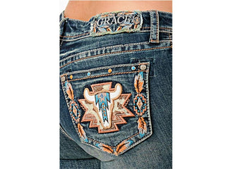 GRACE IN LA Steer Head Embroidery Mid-Rise Boot cut 34" | EB-61886CH