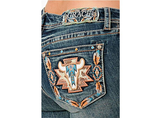 GRACE IN LA Steer Head Embroidery Mid-Rise Boot cut 34" | EB-61886CH