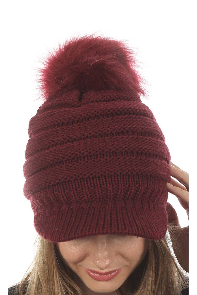 Women's Knit Visor Pom Beanie Hat  with Lining