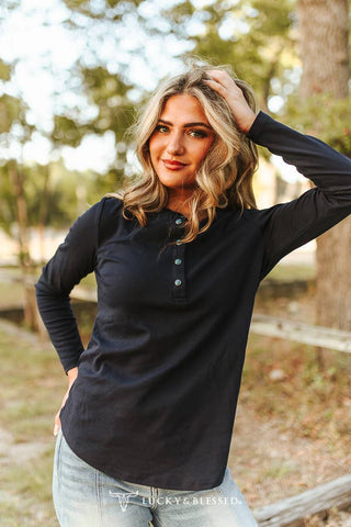 Navy Long Sleeve Turquoise Snap Button Henley Top