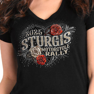 *CLEARANCE* 2025 Sturgis Motorcycle Rally Leather Wings Black Ladies Tee