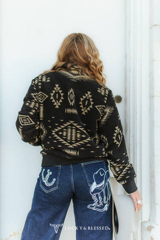Black Aztec Western Print Zip Up Jacket