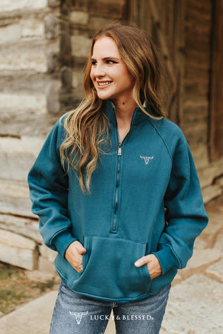 Teal Western Quarter Zip Sweatshirt with Front Pocket