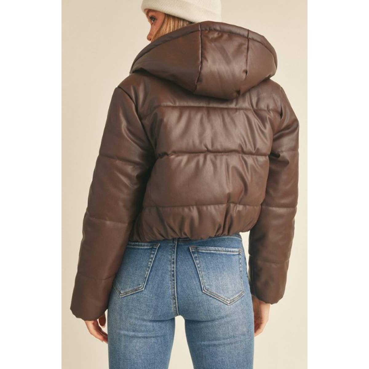 Hooded Faux Leather PU Crop Puffer Jacket