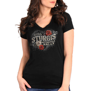 *CLEARANCE* 2025 Sturgis Motorcycle Rally Leather Wings Black Ladies Tee