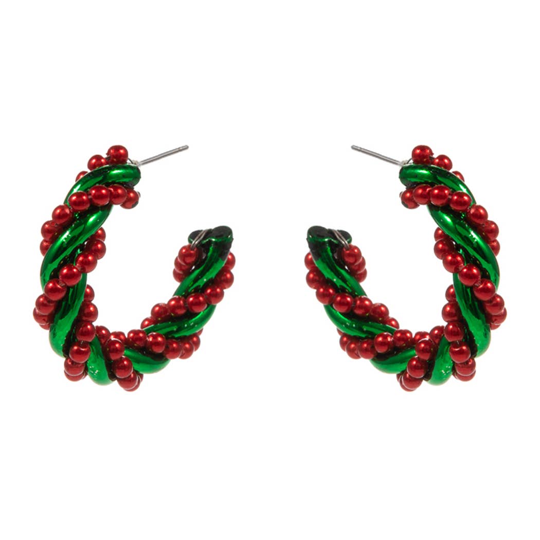 Christmas Wreath Twisted Pearl Hoop Earrings