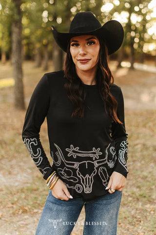 Black Western Rhinestone Pressed Detail Long Sleeve Shirt