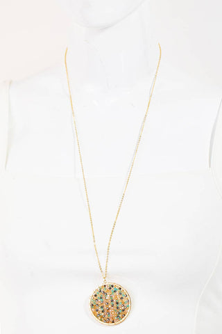 Glass Beaded Wire Disc Pendant Long Necklace