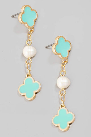 Clover And Fresh Water Pearl Dangle Chain Earrings