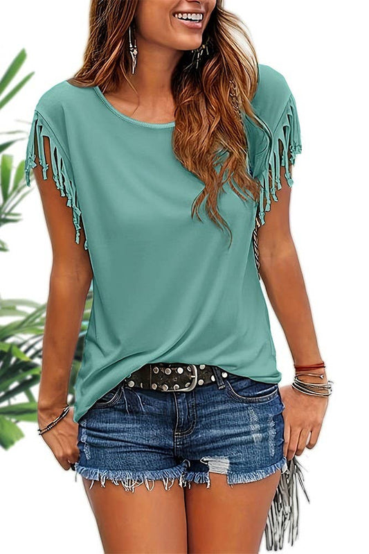 Spring Summer Plain Round Neck Tassel Sleeves Top