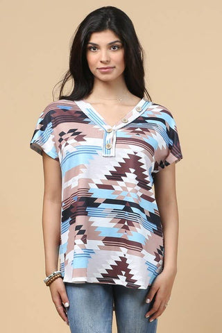 Avery LEXY AZTEC PRINT BUTTON DETAIL V NECK THERMAL TOP