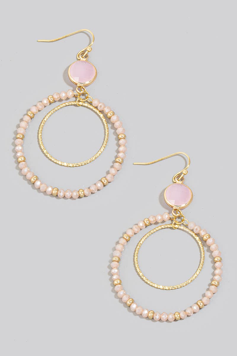 Faceted Glass Disc And Layered Beaded Hoop Dangle Earrings