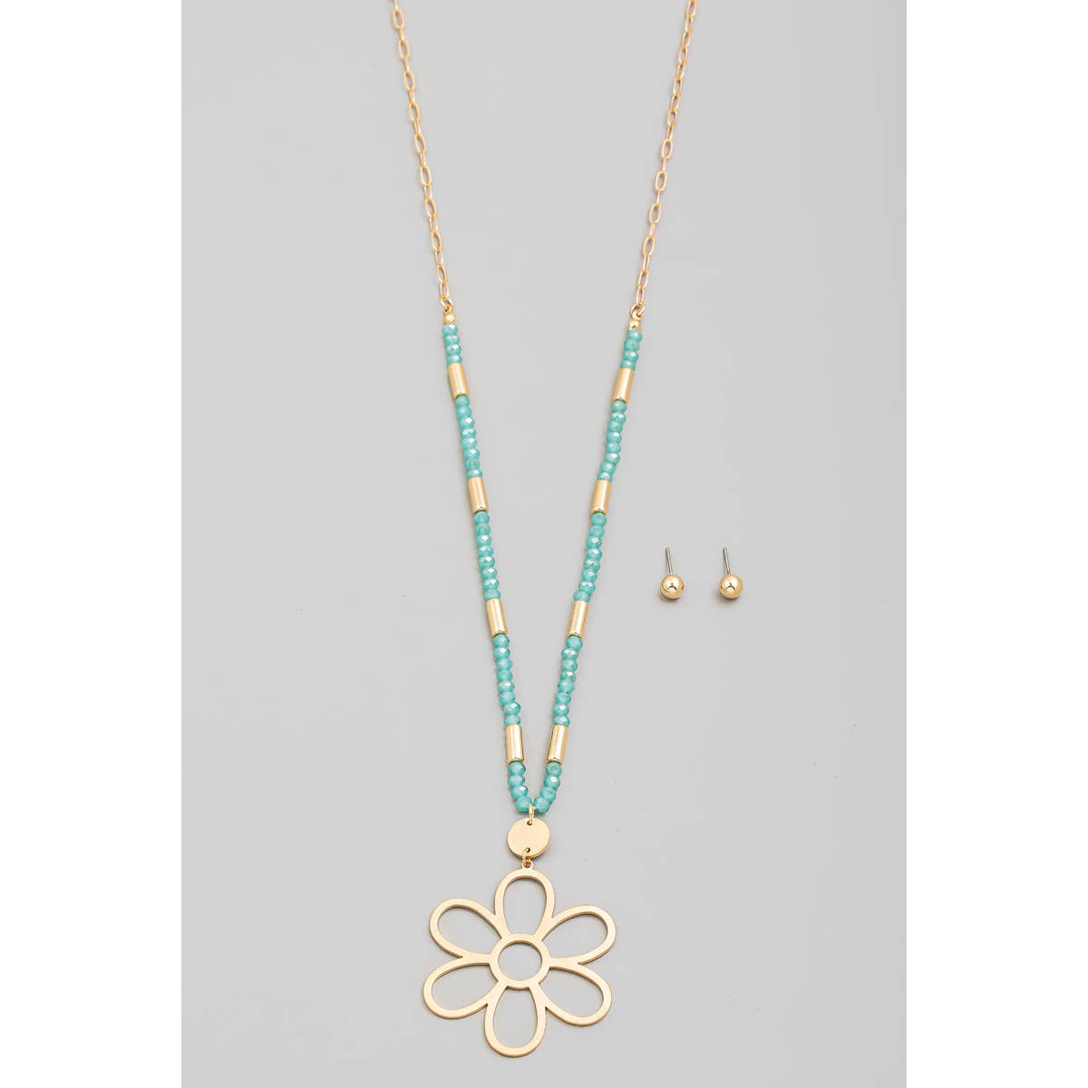 Metallic Flower Pendant Beaded Long Necklace Set