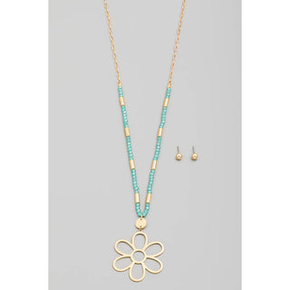 Metallic Flower Pendant Beaded Long Necklace Set