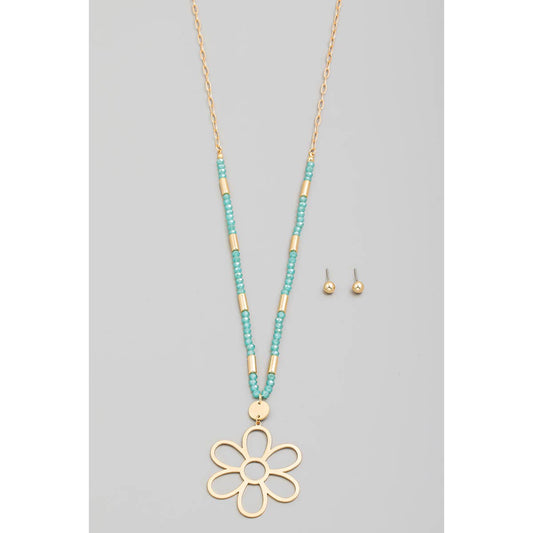 Metallic Flower Pendant Beaded Long Necklace Set