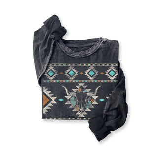 ***CLEARANCE*** AZTEC COW SKULL MINERAL GRAPHIC Long sleeved shirt