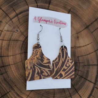 Brown Western Floral Cow Tag Leather Earrings