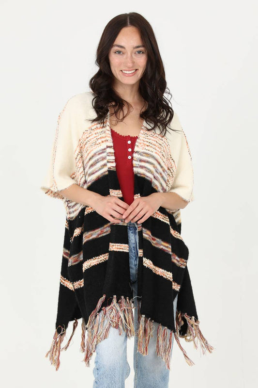 Kimono-ASIS SUPER SOFT KIMONO SLEEVE SWEATER PONCHO WITH FRINGE by Angie