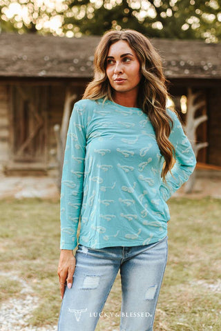 Turquoise Western Burnout mesh Sleeve Top