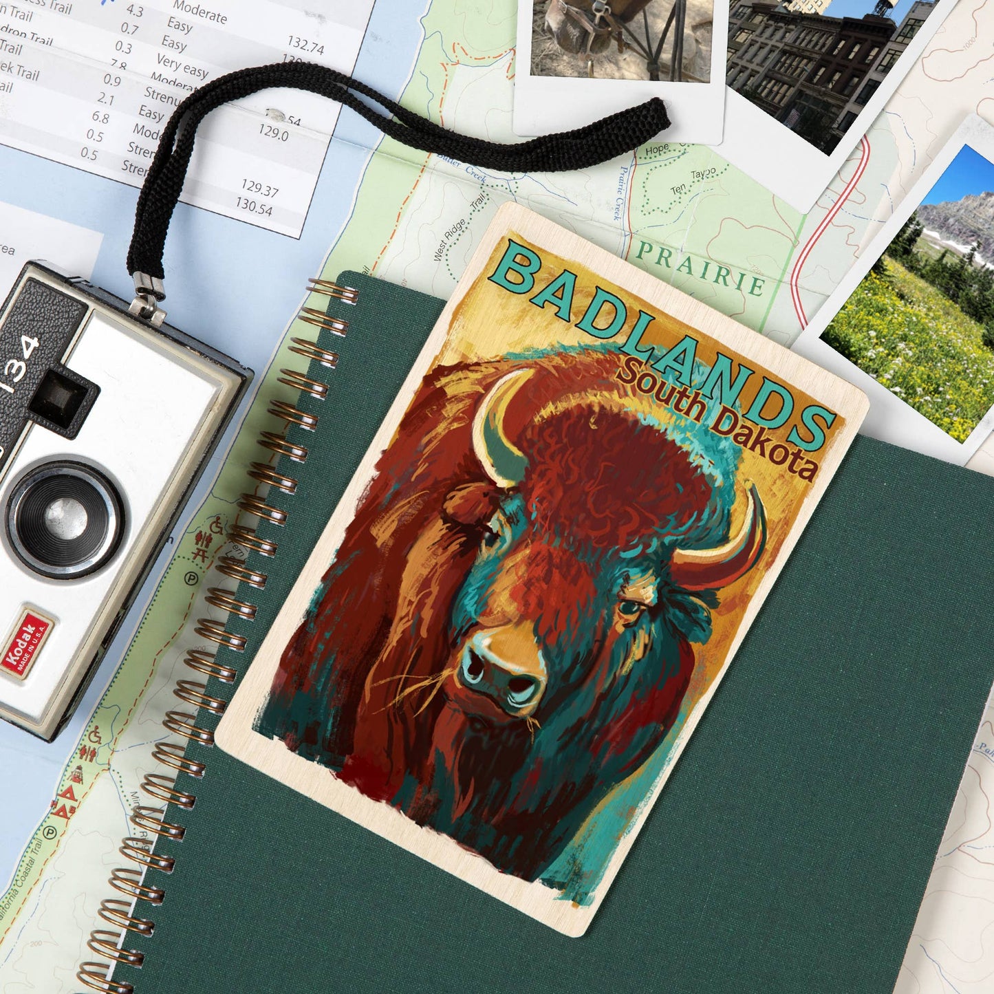 WOOD POSTCARD Badlands, South Dakota, Bison, Vivid