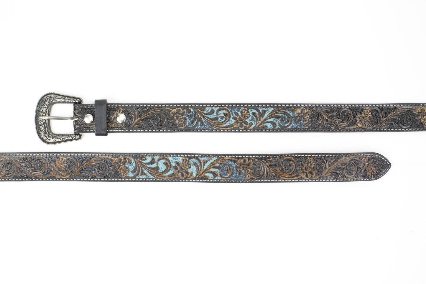 Black Tooled Leather Belt Camel Turquoise ABB 14-2622